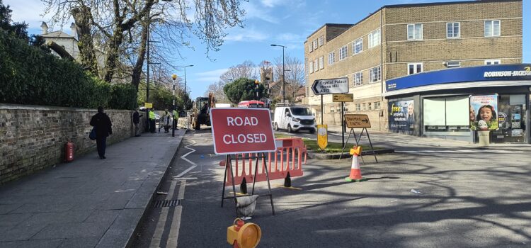 Picture from near Kirkdale roundabout looking up Westwood Hill with 'road closed' sign blocking the up lane